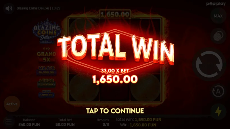 Blazing Coins Deluxe respin totalvinst